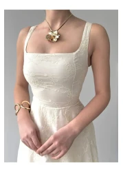 Afiş Butik Beige Thick Strap Embroidered Linen Pleated Dress