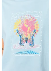  Collection Light Blue 100% Cotton Printed Relaxed/Wide Relaxed Cut Crew Neck Knitted T-Shirt TWOSS22TS1145