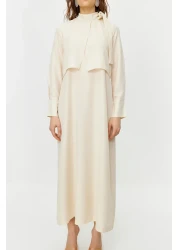  Modest فستان منسوج بياقة حجرية وربطة عنق TCTSS23EB00283