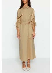  Modest Beige Cotton Shirt Dress with Adjustable Sleeves and Buttons - Tctss23Eb00365