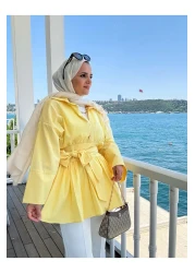 Aselim Hijap Moda كيمونو بوبلين - بدلة قميص مع بنطلون سكوبا أصفر