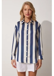Happiness İstanbul Women's Navy Blue Cream Striped Satin Shirt DD01206