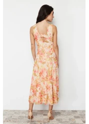  Collection V-Neck Tulle Flexible Knitted Dress - Multicolored Floral Printed TWOSS24EL00384