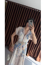 HAZELANNA Linen Textured Digital Printed Blue Floral Dress