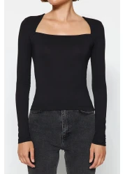  Collection Black Cotton Stretchy Square Neck Fitted Blouse TWOAW24BZ00165