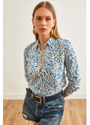 Olalook Women's Little Heart Blue Patterned Woven Viscose Shirt GML-19001204