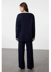  Modest Navy Blue Knitwear Cardigan and Trousers Set with Gold Buttons and Pockets - TCTAW24US00107