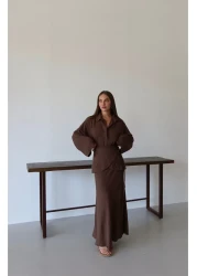 Laluvia Brown Skirt Belted Skirt Shirt Suit - 8763
