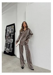 Ekim Store New Season Satin Leopard Shirt Trousers Double Set