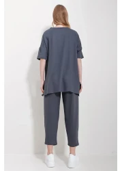 Trend Alaçatı Stili Women's Anthracite Crew Neck Asymmetrical Cut with Ankle Blouse and Pants Set ALC-X11604
