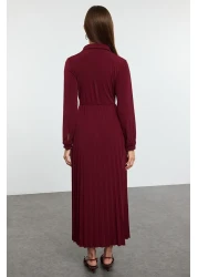  Modest Burgundy Wrap Neck Pleated Knit Dress with Accessory Detail TCTAW25EB00138