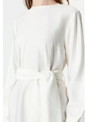 Modest Linen Texture - Zip and Belted White Dress Tctss23Eb00219
