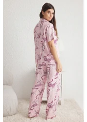  Collection Pink Animal Print Ribbed Viscose Woven Pajamas Set Thmss25Pt00022