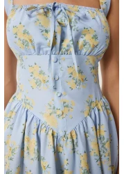 Happiness İstanbul Women Blue Yellow Floral Pattern Summer Midi Poplin Dress Ub00353