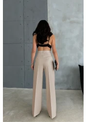Ortaya Çık بنطلون بالازو قماش مطوي باللون البيج