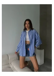 Lusin قميص نسائي كبير الحجم مخطط بأكمام طويلة - أزرق