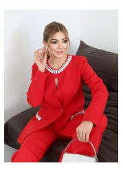 1Moda1Tarz Women's Imported Fabric Stone Embroidered Collar and Button Detailed Lined Jacket Pants Design Set