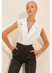 Trend Alaçatı Stili Women's White Shirt Collar Fillet Striped Blouse ALC-X10724
