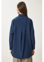 Happiness İstanbul Women's Navy Blue Oversize Long Basic Shirt 3900 DD00842