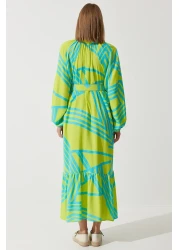 Happiness İstanbul Women's Oil Green Belted Oversize Summer Viscose Dress ZH00034