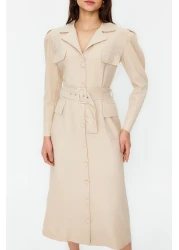  Modest فستان قميص منسوج بأزرار من الكتان مع حزام حجري TCTSS24EB00017