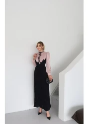 1Moda1Tarz فستان نسائي مستورد من قماش الشيفون اللامع Yoryo مزين بالدانتيل ومطوي ومزين بشريط مبطن بتصميم خاص