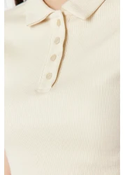  Collection Beige Polo Neck Buttoned Short Sleeve Stretchy Ribbed Knitted Blouse TWOSS24BZ00111