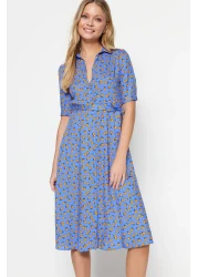  Collection Blue Floral Pattern Belted Midi Woven Viscose Shirt Dress TWOSS20EL1559