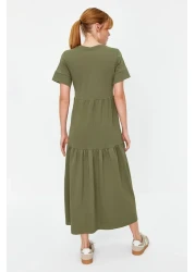  Collection Khaki Gathered Short Sleeve Knitted Maxi T-Shirt Dress Twoss24El00132