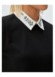 Koton تي شيرت بياقة قميص مرصعة بالأحجار وأكمام قصيرة من قماش الكريب القطني