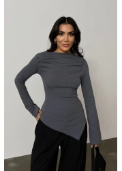 Bipantolon Burgundy Anthracite 2-Piece Blouse - Draped, Boat Neck, Asymmetrical Lycra Knitted Blouse