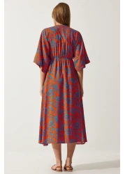 Happiness İstanbul Women's Orange Blue Wraped Collar Patterned Summer Viscose Dress DK00166