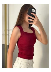 peri tower New Product Square Neck Waist Shirred Burgundy Camisole Undershirt