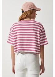 Happiness İstanbul Women's Dried Rose Crew Neck Striped Crop Knitted T-Shirt CR00427