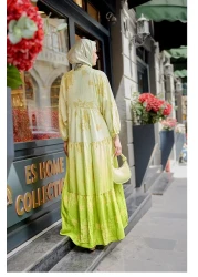 LOCCO Women's Gilded Leaf Patterned Dress Pistachio Green