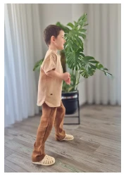 BALKABAĞI طقم قميص وبنطلون موسلين بني مرير - 2-8 سنوات MTYE0059