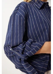 Happiness İstanbul Navy Blue Thin Striped Women's Crop Linen Shirt - Dm00140