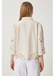 Happiness İstanbul Women's Cream Openwork Lace Embroidered Crop Poplin Shirt Qs00010