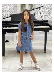 yns coolstar New Season Girl's Pocket Front Button Short Sleeve Cotton Denim Jeans Dress