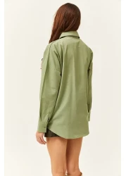 Olalook Women's Mold Green Oversize Shirt with Staple Pocket Detail GML-19001167