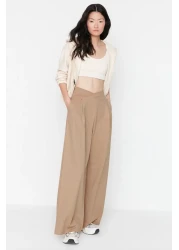  Collection Beige Print Detailed Wide Leg/Relaxed Cut Asymmetrical Waist Knitted Trousers TWOAW23PL00389