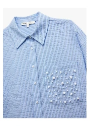 Koton Long Sleeve Textured Pearl Embroidery Detailed Oversize Shirt with Pockets