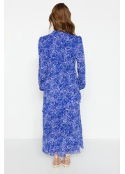  Modest Blue Floral Skirt - Woven Chiffon Dress with Ruffled Lining Tctss23Eb00160