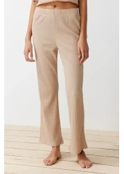  Collection Beige Corded Collar Detailed Knitted Pajamas Set THMSS24PT00234