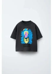 Magu طقم تي شيرت مطبوع عليه أسد أسود من القطن للأولاد وبنطلون مخطط