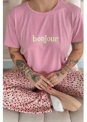 Pijamaevi Pink Bonjour Patterned Short Sleeve Knitted Women's Pajamas Set