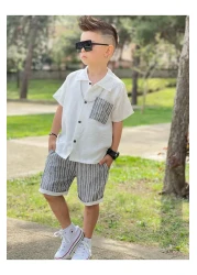 Yalçınoğlu Kids بدلة صيفية للأولاد - قميص + مجموعة شورت - بدلة صيفية رائعة للأولاد - قماش مرن -