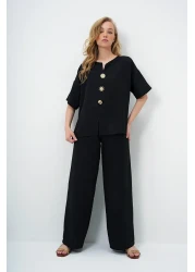 Trend Alaçatı Stili Women's Black V-Neck Metal Gold Button Detail Aerobin Blouse and Pant Bottom Top Suit Alc-X14122