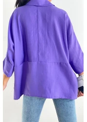 FEMELLE Women's Purple Hidden Button Wide Bat Sleeve Loose Fit Oversize Shirt 50% Viscose 50% Cotton