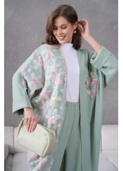 Miss Allos طقم كيمونو نسائي من الكتان مع تفاصيل حجرية مطرزة بالزهور من التول في الأمام وبنطلون سفلي